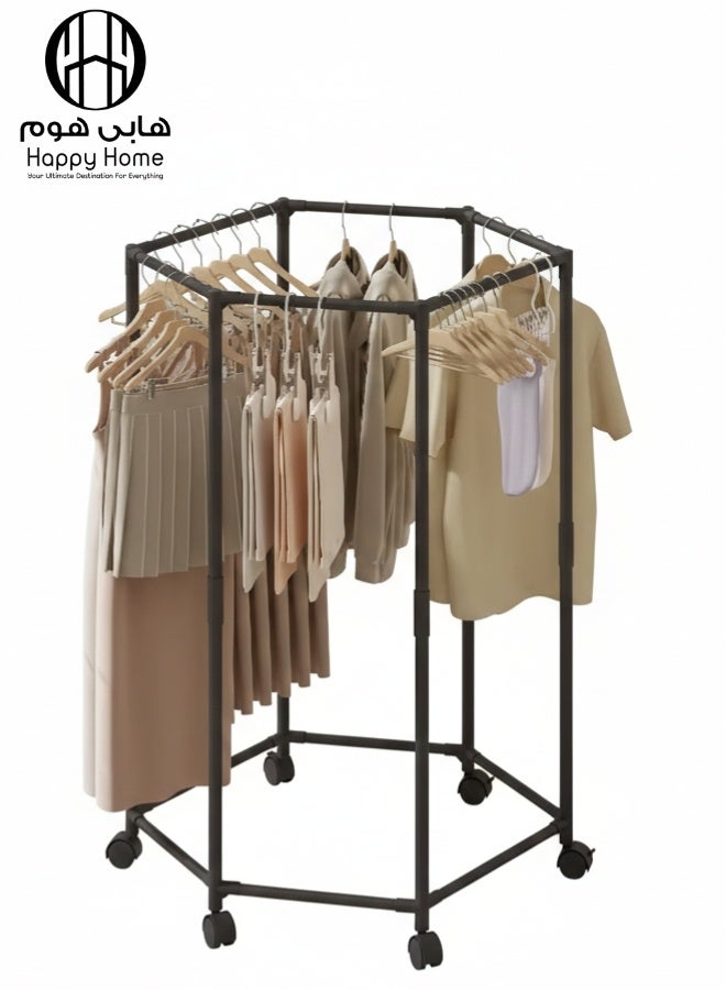 هابي هوم شماعة ملابس دوارة بعجلات 360° – رف ملابس محمول قائم بذاته بهيكل معدني متين 16 ملم بتصميم سداسي – تنظيم فعال وسهل الوصول لجميع الملابس في غرف النوم، الخزائن، والمنازل – تخزين متعدد الاستخدامات للمحلات والمنزل - Image 1